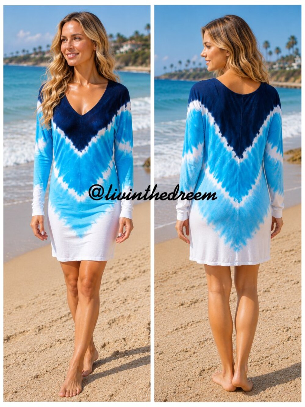 C06 Venus Long Sleeve Lightweight V Neck Tie Dye Cover Up Dress SZ M $49